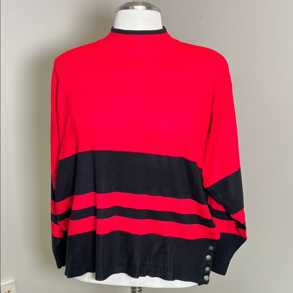 Segue Sweaters - Vintage 80s Segue Red and Black Stripe Mock Neck Relaxed Fit Elegant Sweater 14